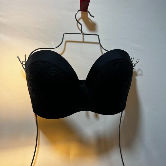 Black Strapless Lace Balconette Bra Structured Push-Up Underwire Top 36E - Picture 16 of 16